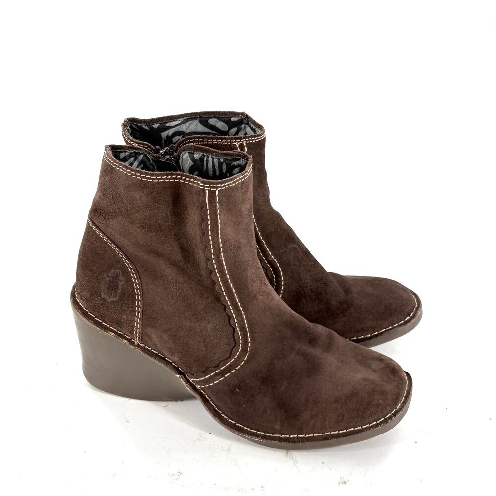 Fly London Suede Ankle Boots 10 40 Dark Brown Booties Zip Academia Whimsigoth